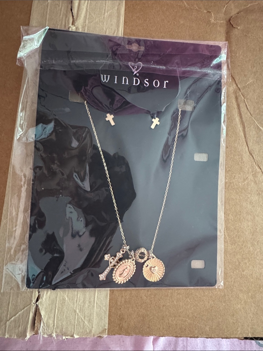 Windsor Gold Religious Charm Necklace with Cross Studs